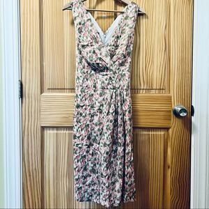 Talbots pink green white sleeveless cross bodice retro style midi dress 16